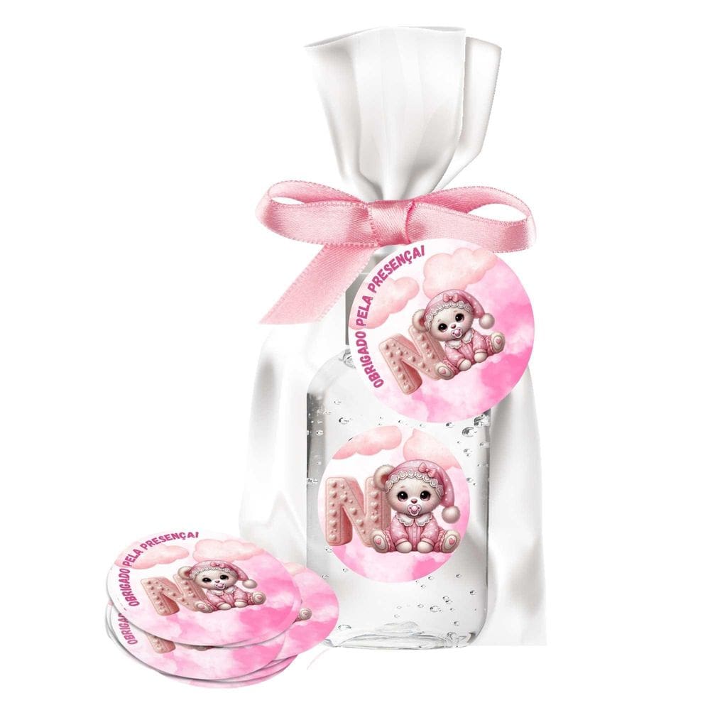 Kit 25 Lembrancinhas Alcool Gel Ursinha Rosa Letra N