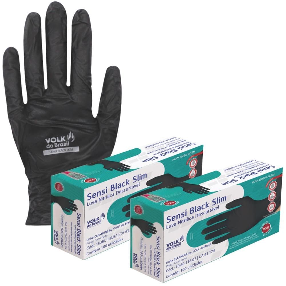 Kit 2 Luva de Segurança Descartável Nitrílica Sensi Black Slim Volk - CX 100 Un