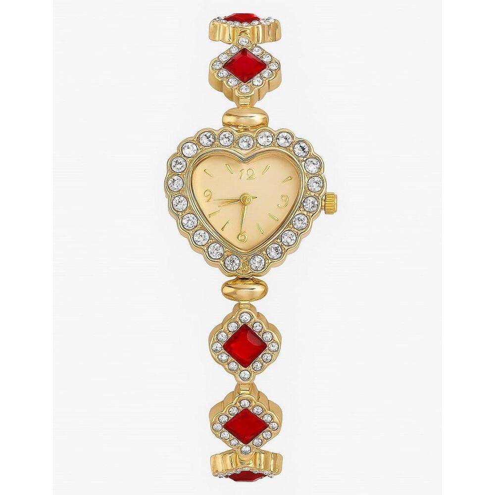 Relógio Feminino Coração Brilhante Dourado Vermelho Brilho