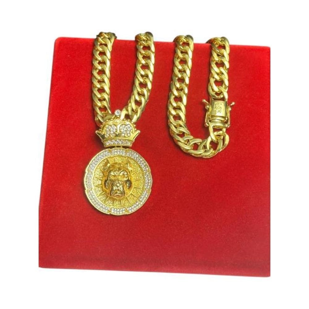 Cordão Grumet 15Mm + Pingente Pitbull Redondo Banhado A Ouro