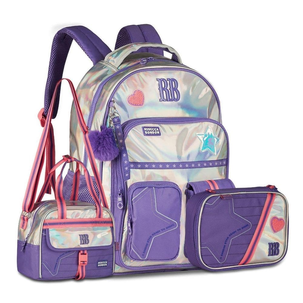 Kit Rebecca Bonbon Holográfico Mochila Lancheira Estojo Roxo