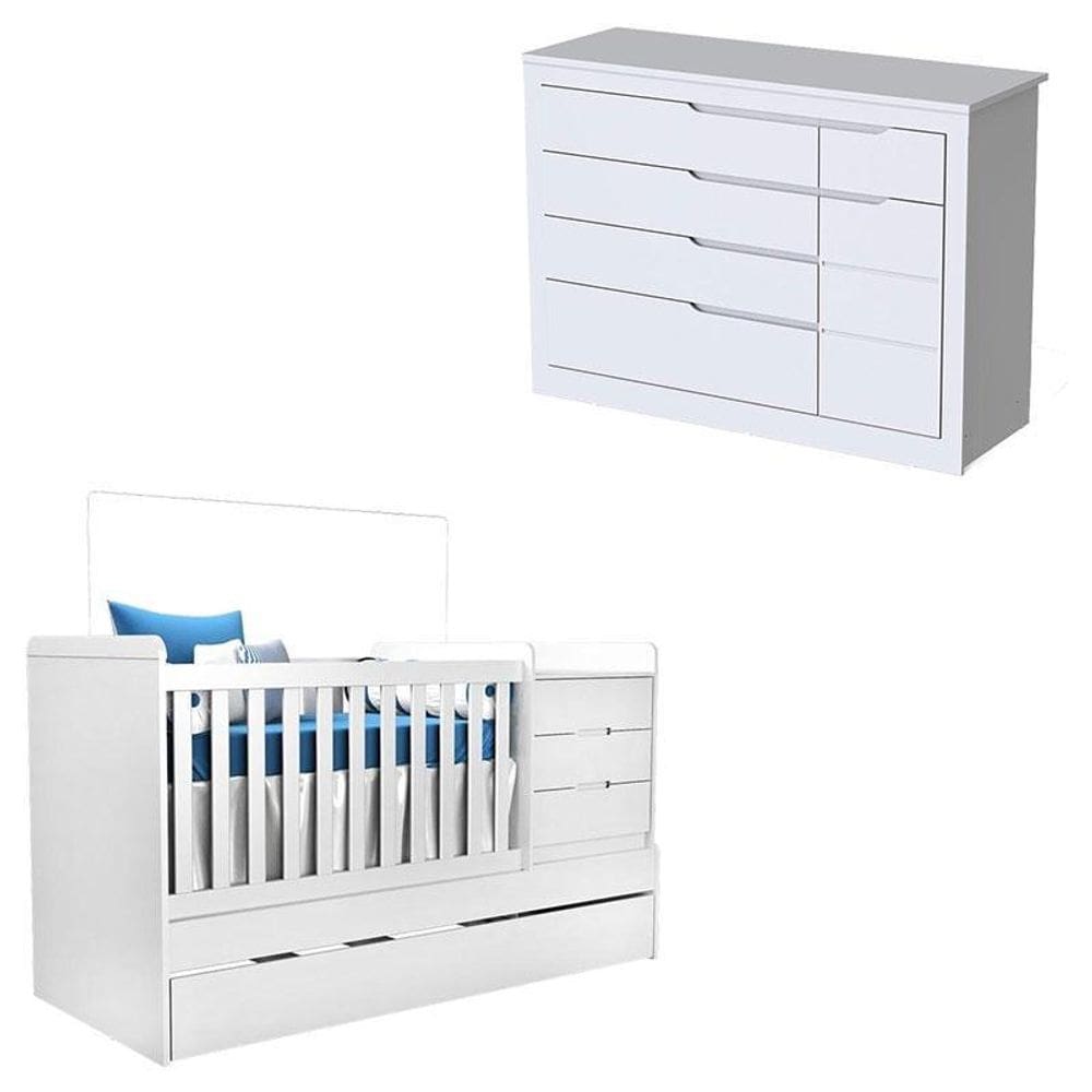 Berço Multifuncional e Cômoda Cléo Branco Acetinado - Carolina Móveis