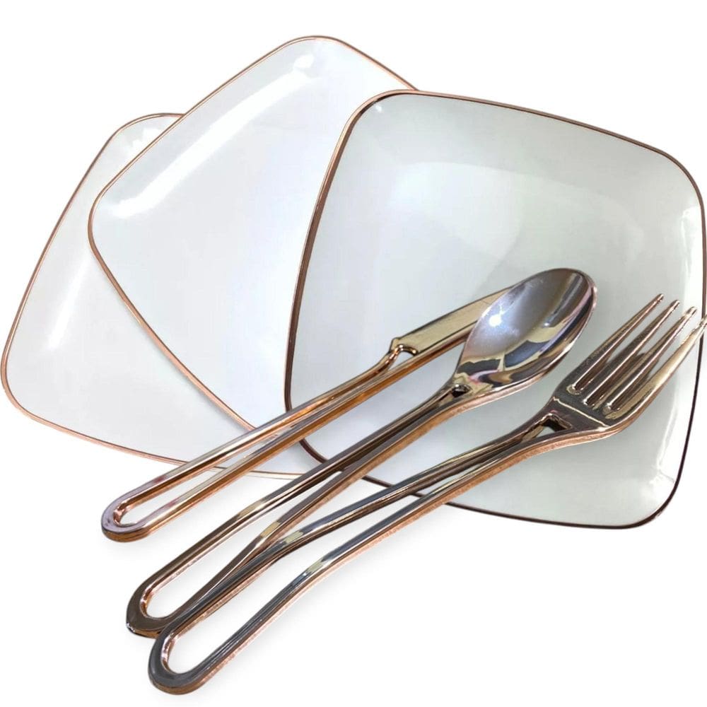 Kit Para 12 Pessoas Prato Quadrado Acrílico Rosê + Talhares