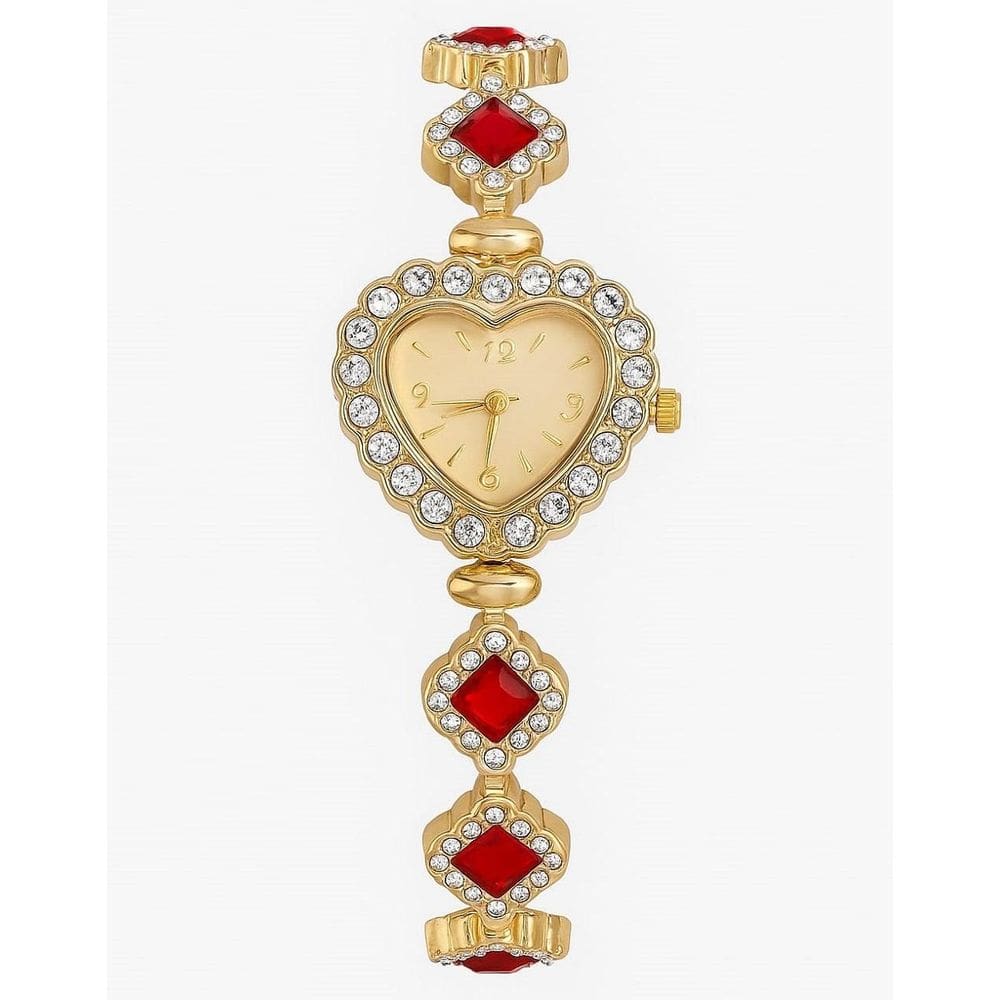 Relógio Feminino Coração Brilhante Dourado Vermelho Brilho