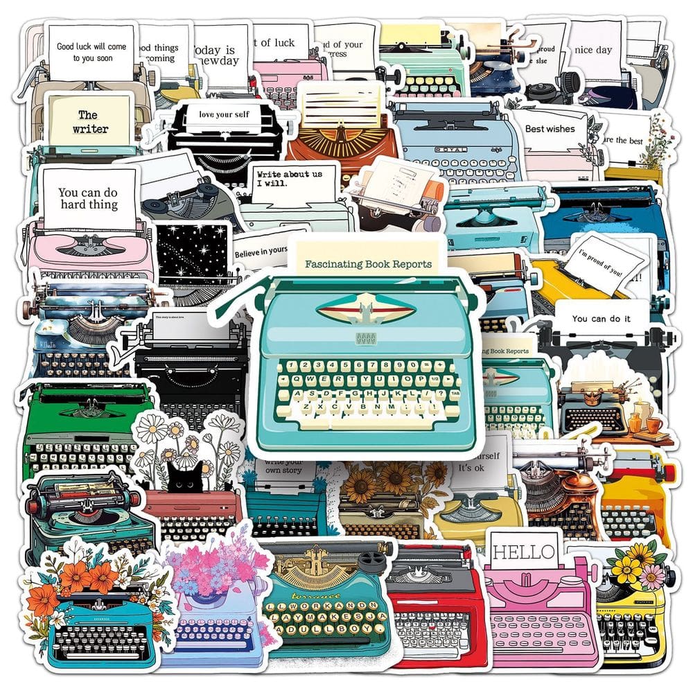 Adesivos: máquinas de escrever retros, impermeáveis para laptop, 50 unidades