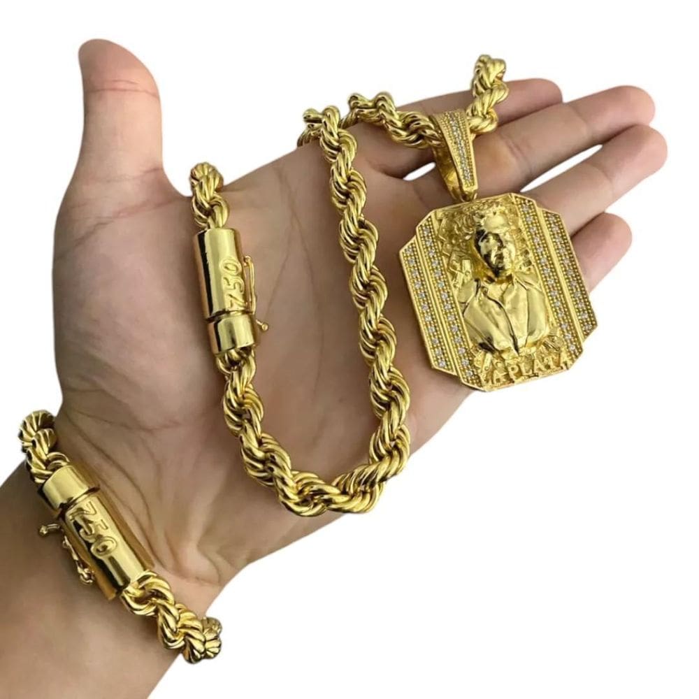 Cordão + Pulseira Baiano 10Mm + Ping La Plata Banhado A Ouro