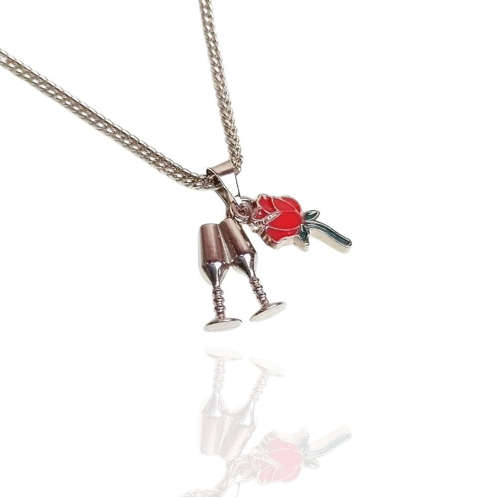 Colar Laroiê Pomba Gira Prateado - Botão De Rosa E Taça