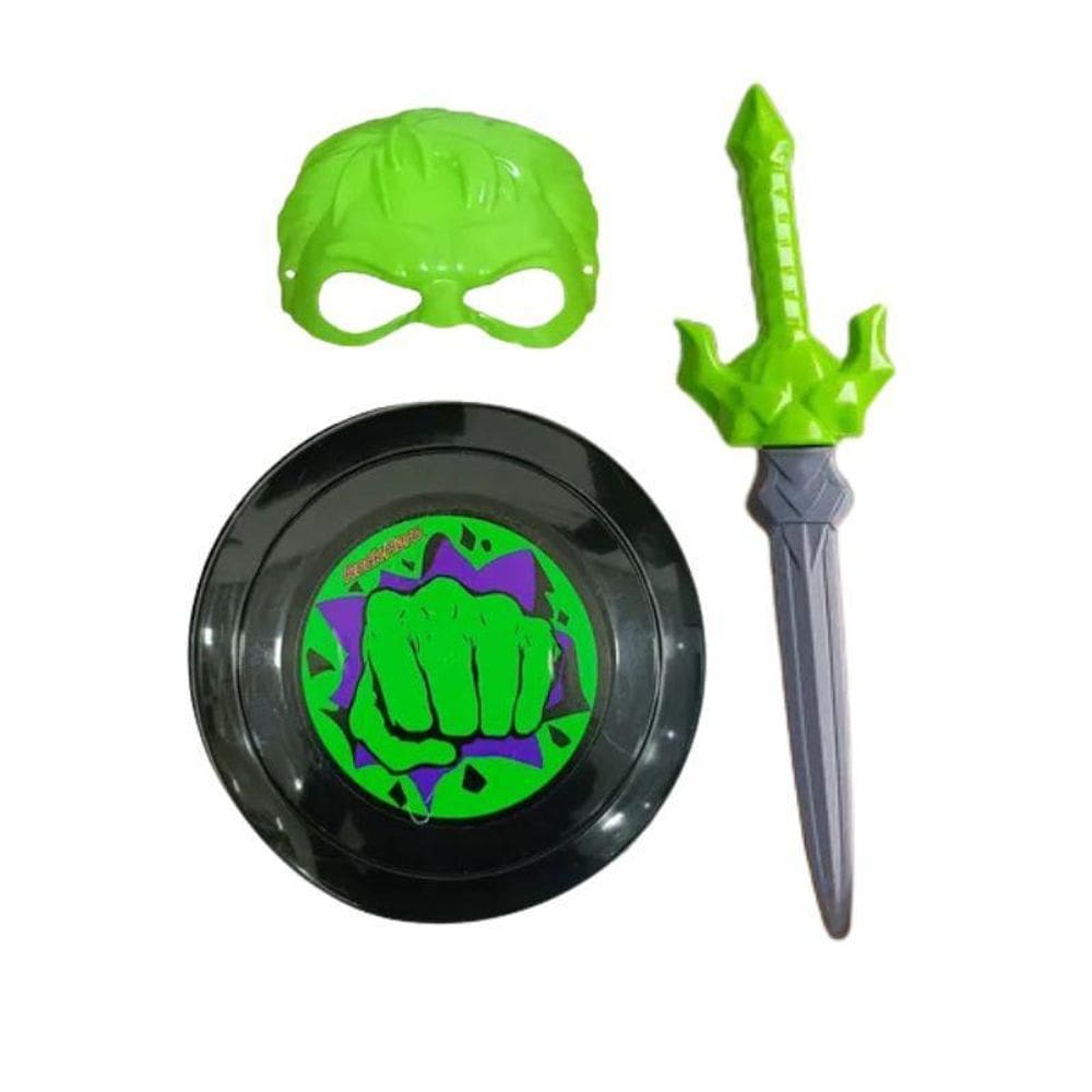 Kit Fantasia Infantil Hulk Com Máscara Escudo E Espada