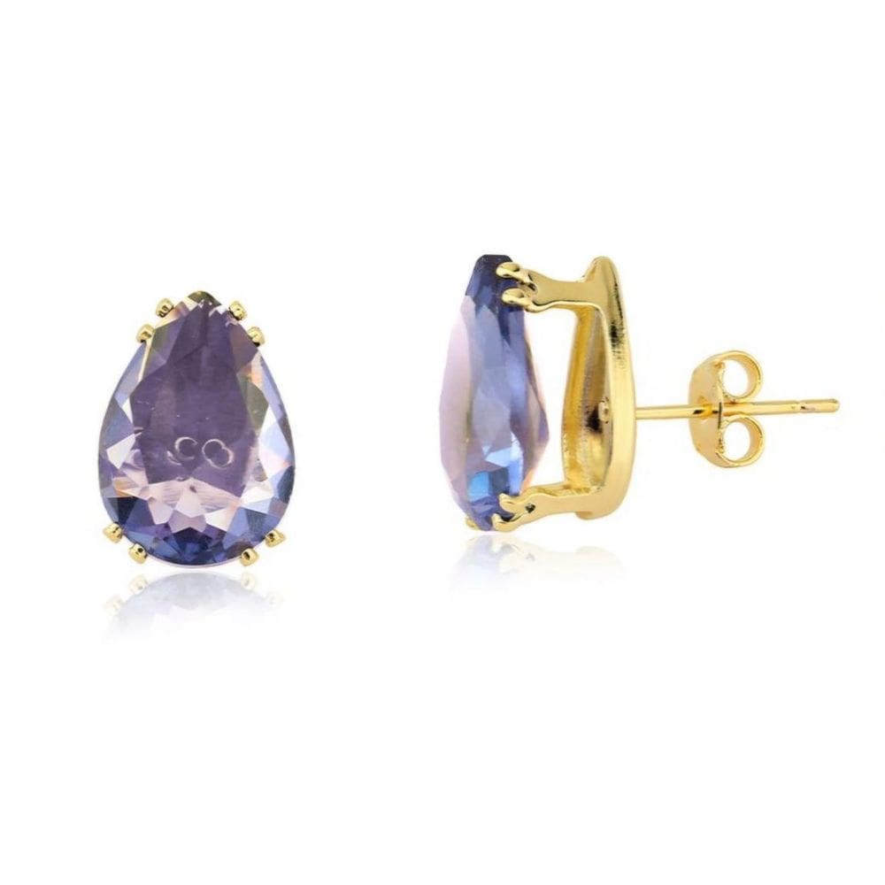 Brinco Gota Cristal Lilás Dourado Semijoia Lizzy Fatin