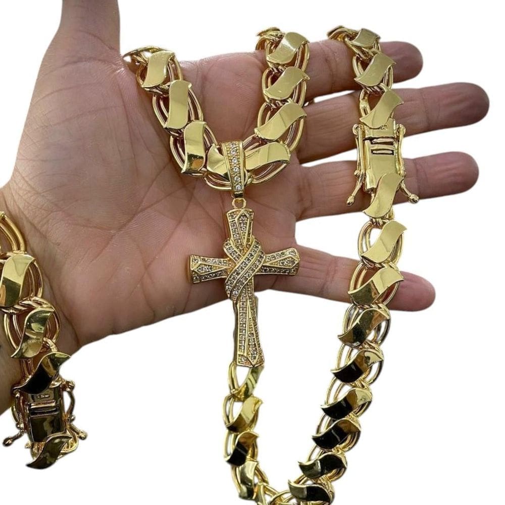 Kit Dubai S 13Mm + Cruz Maciço Cravejada Banhado A Ouro