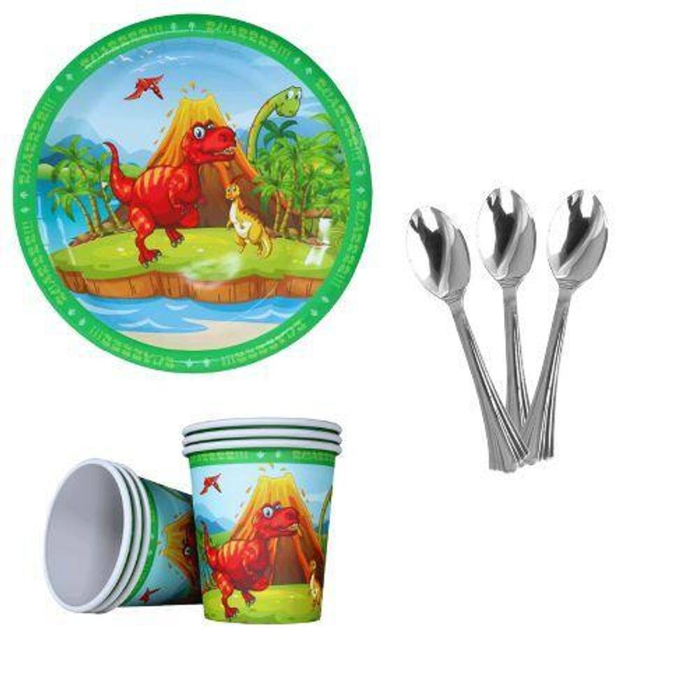 Kit 20 Pratos Copos Papel Colher 14Cm Dinossauro Papel