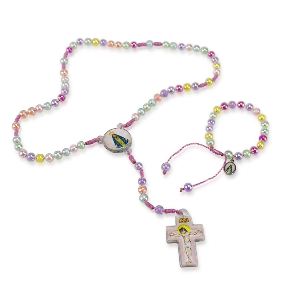 Kit Terço E Pulseira Infantil Nossa Senhora Aparecida 8 Mm