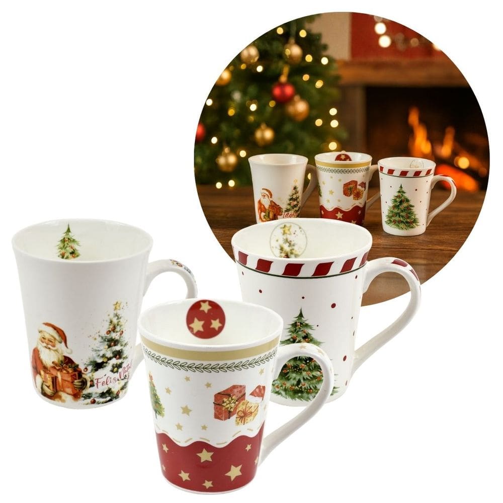 Jogo 3 Canecas Porcelana Natalina Premium 300ml Papai Noel, Árvore e Presentes