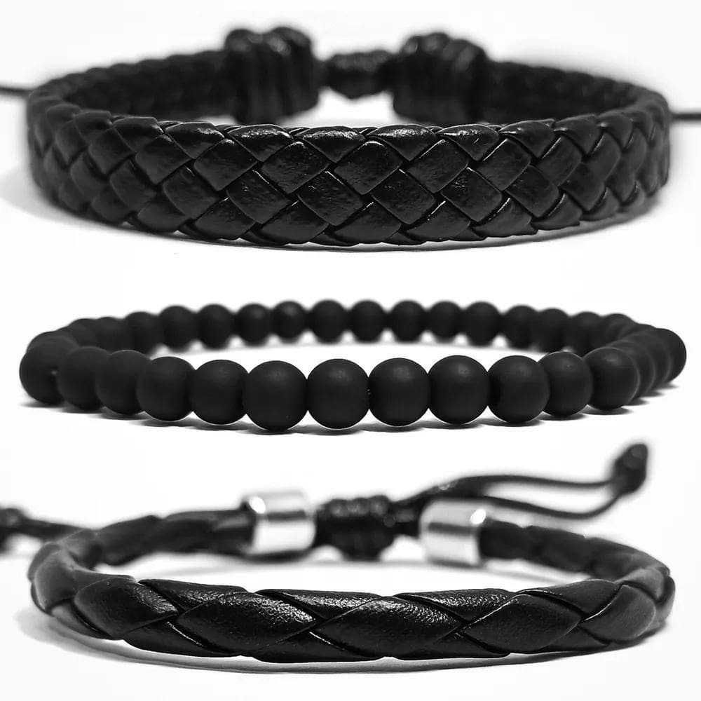 2X Kit 3 Pulseiras Masculinas Couro + Bolinha Preta Fosca 6M