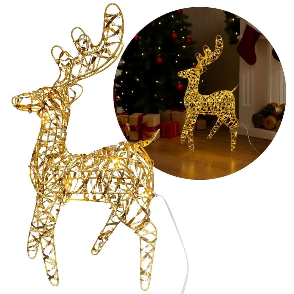 Rena Iluminada Aramada Dourada 40cm Natal Luxo com 15 LEDs Branco Quente
