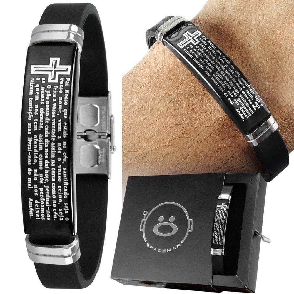 Pulseira Masculina Aço Inox Pai Nosso Preta Placa + Caixa