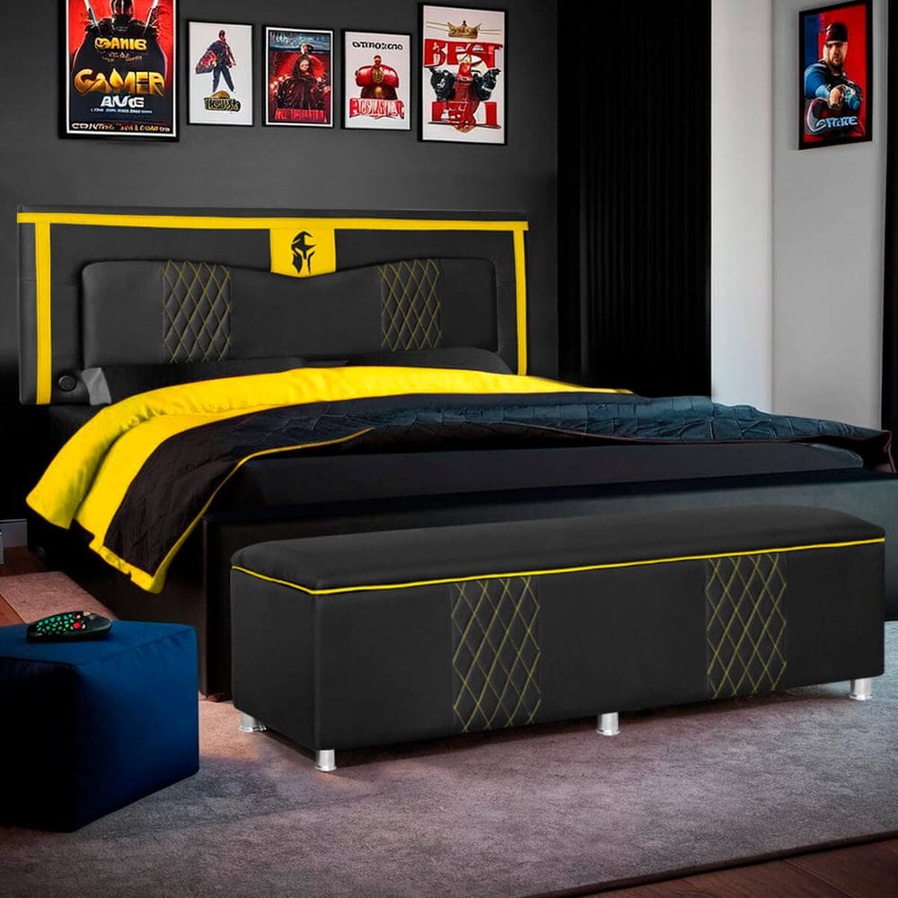 Kit Quarto Gamer Baú e Painel Fighter USB 160cm Cama Queen