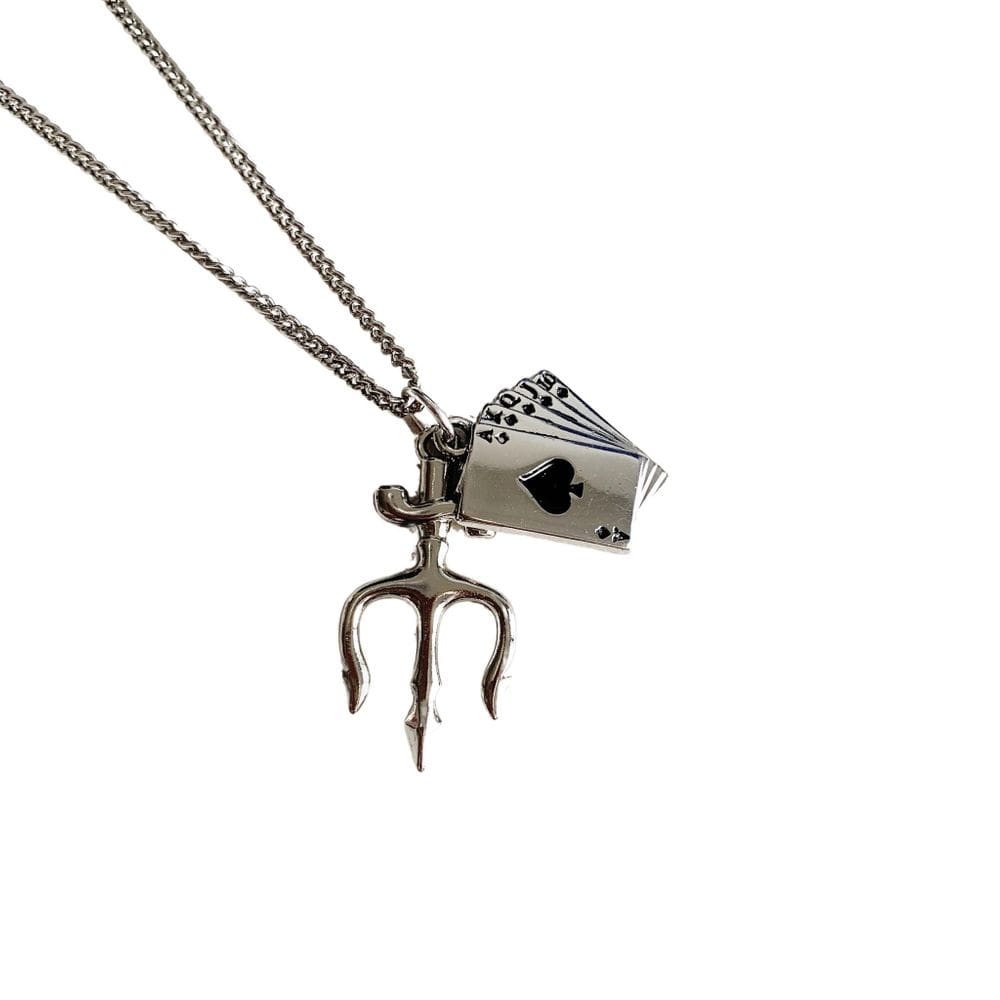 Colar 2 Pingentes Baralho E Tridente Ferramenta Exu Prateado