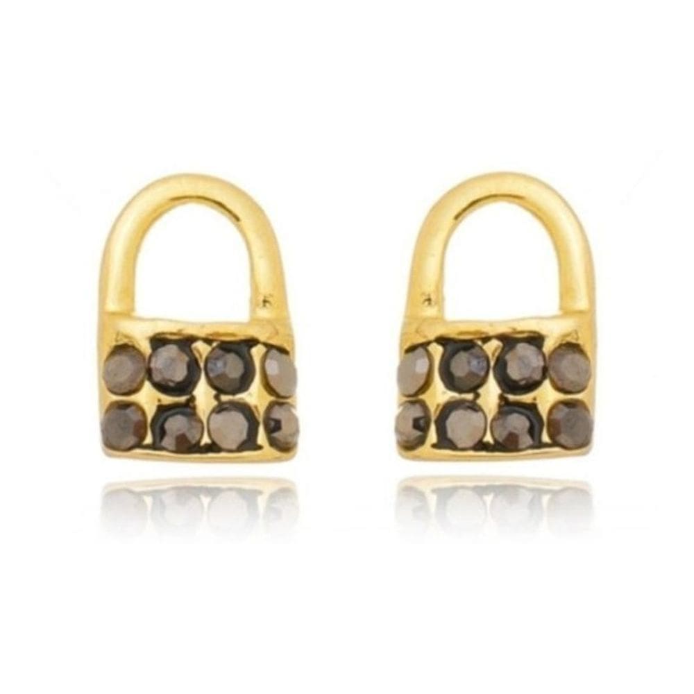 Brinco Pedra Hematita Cadeado Pequeno 2 3 Furo Folheado Ouro