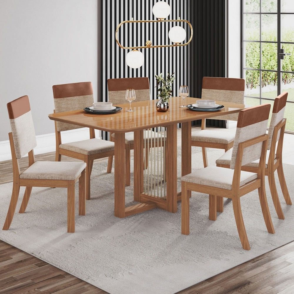 Mesa de Jantar 6 Lugares Natalí com Vidro Natural/Corano/CaraMarromo/Creme - Henn