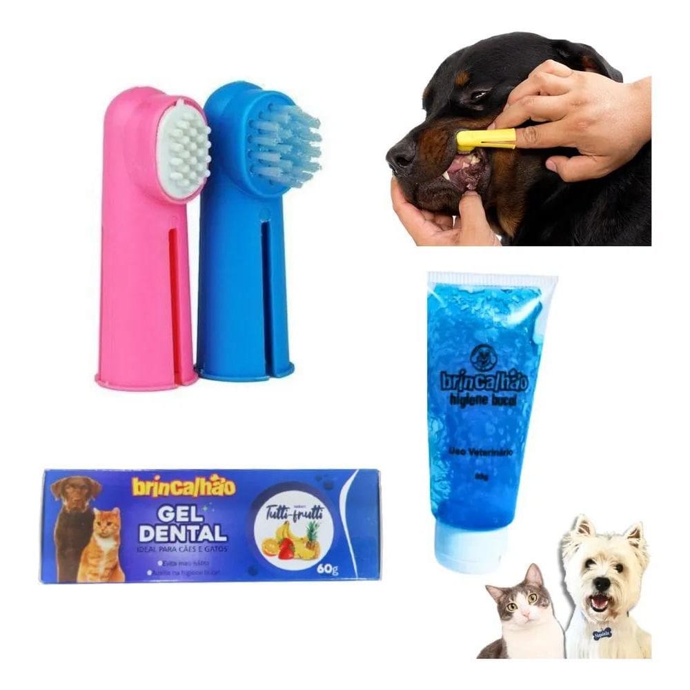 2X Kit Higiene Bucal Pet 2 Dedeiras + 1 Gel Dental Escova De