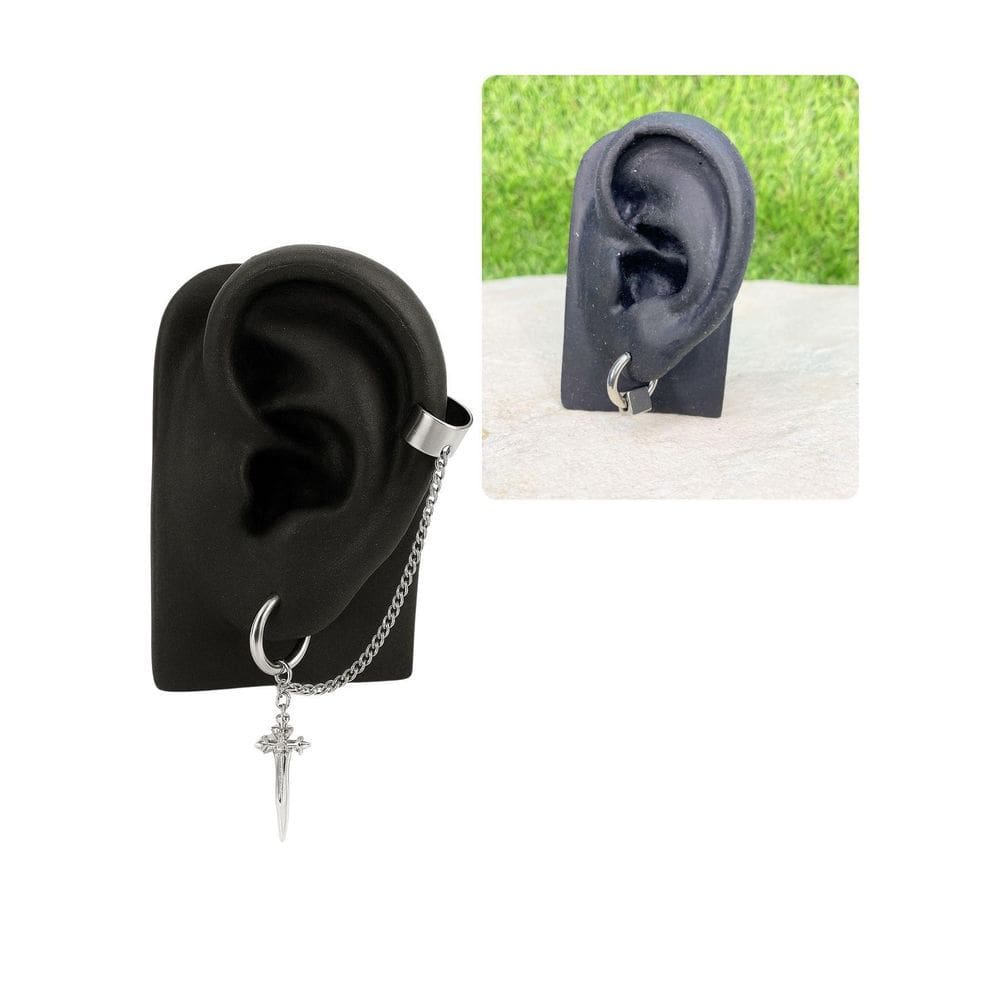 Brinco Argola 10Mm Unissex Prata Corrente Espada Clip Piercing Pressão Cartilagem Aço Inox