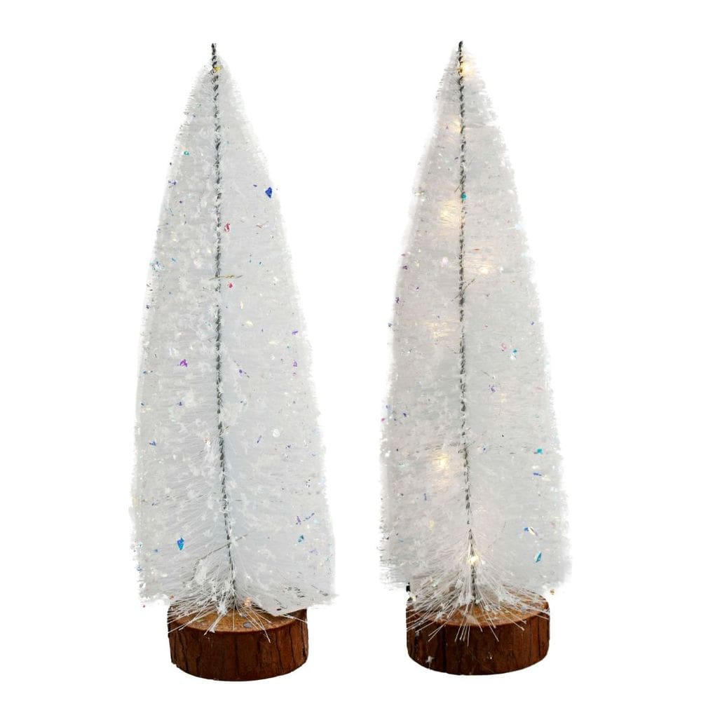 Jogo 2 Mini Pinheiro de Mesa Iluminado 30cm Branco Nevado LED Sequencial e Base Tronco Natural