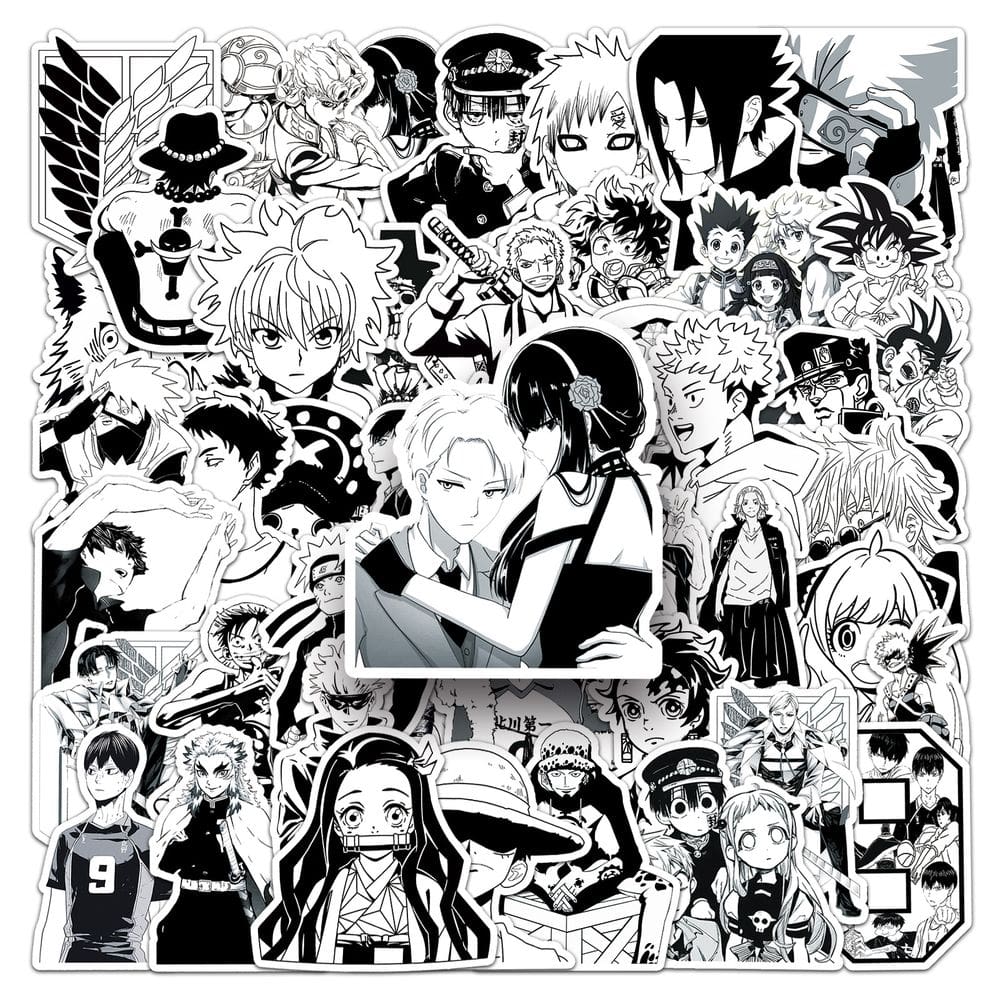 Lote de adesivos, 50 unidades, pretos e brancos, animes, personagens, água