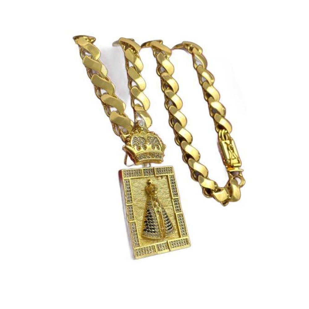 Cordão Friso S 13Mm + Pingente Santa - Banhado A Ouro 18K