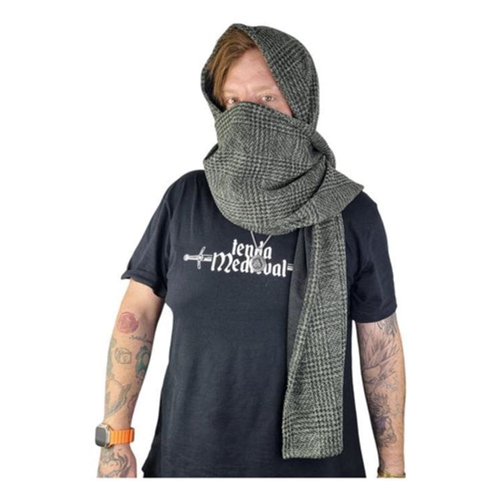 Gorro Medieval Com Cachecol Em Malha Tweed Verde