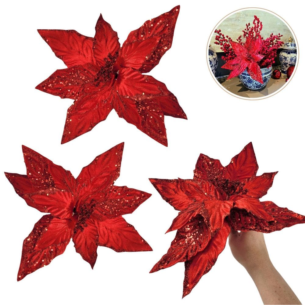 Kit Poinsettia Vermelha Bico De Papagaio 30Cm Enfeite Natal
