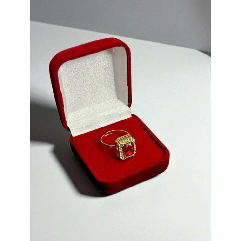 Anel Craveja Pedra Vermelha Ajustável - Banhado A Ouro 18K