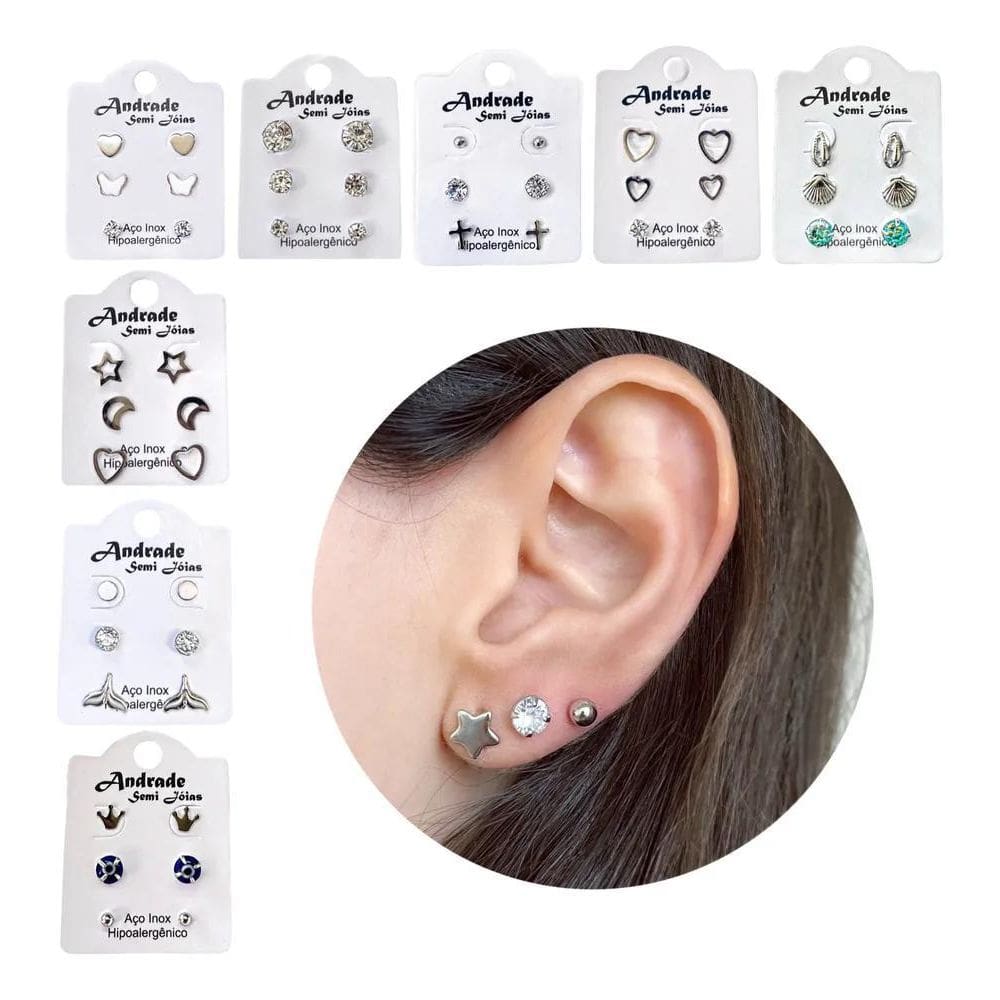 2X Kit 15 Pares Brincos Aço Inox Strass Para 3 Furos 5 Carte