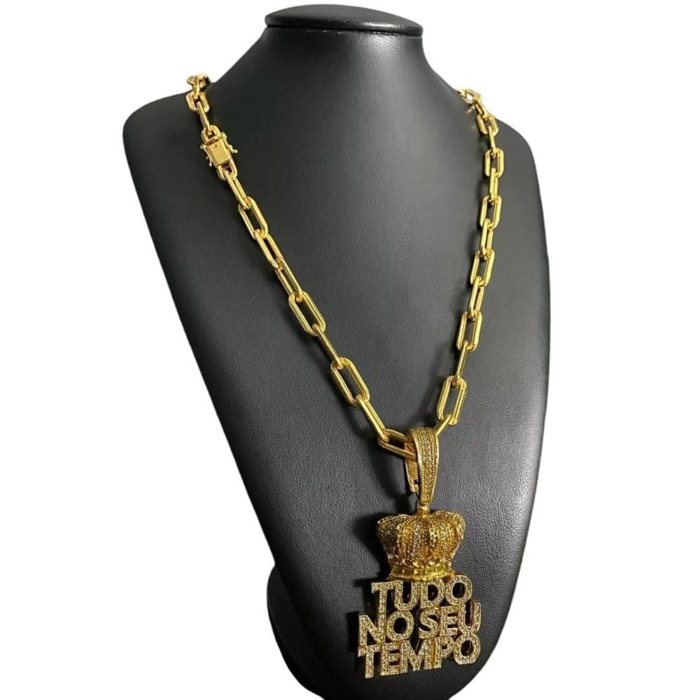 Cordão Cadeado Alongado 12Mm + Pingente - Banhado A Ouro 18K