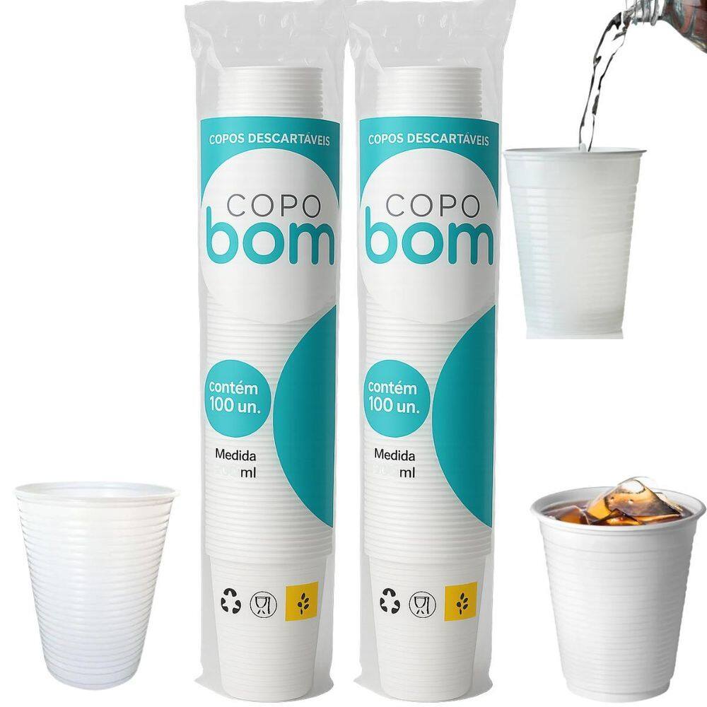 Kit 2 Copo Desc. Resistente 180Ml Branco Água Copobom 200 Un
