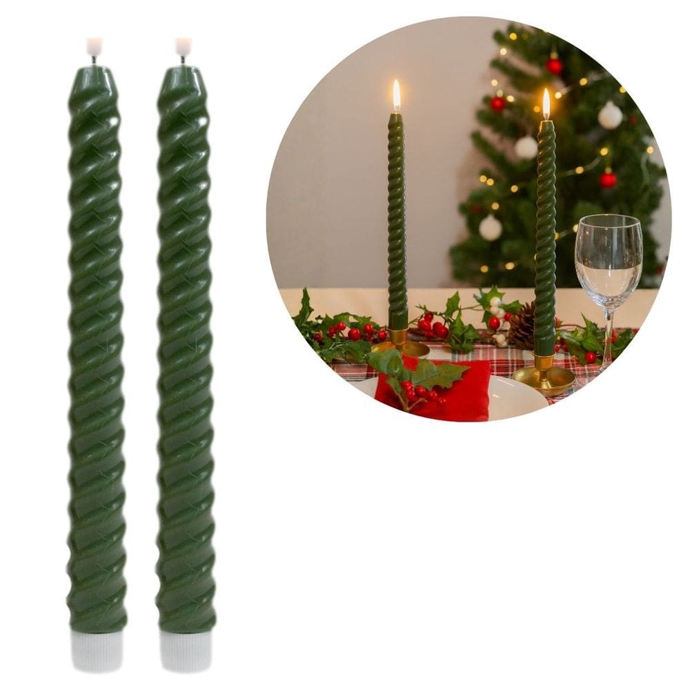 Jogo 2 Velas Eletrônicas Natalinas Verde Torcida 25cm LED Branco Quente Efeito Real