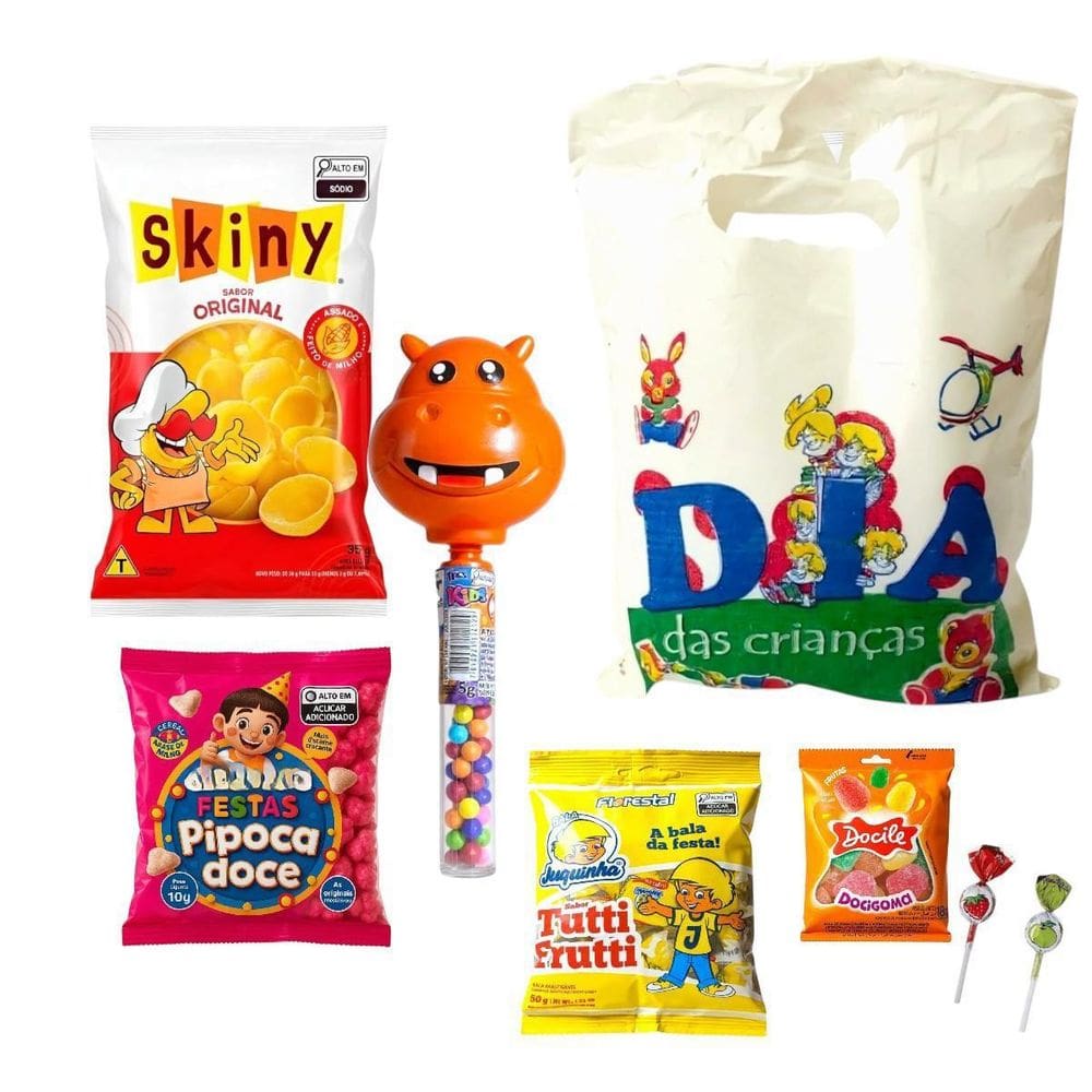 Kit Dia Das Crianças Doces +Brinquedo Para Montar 5 Sacolas