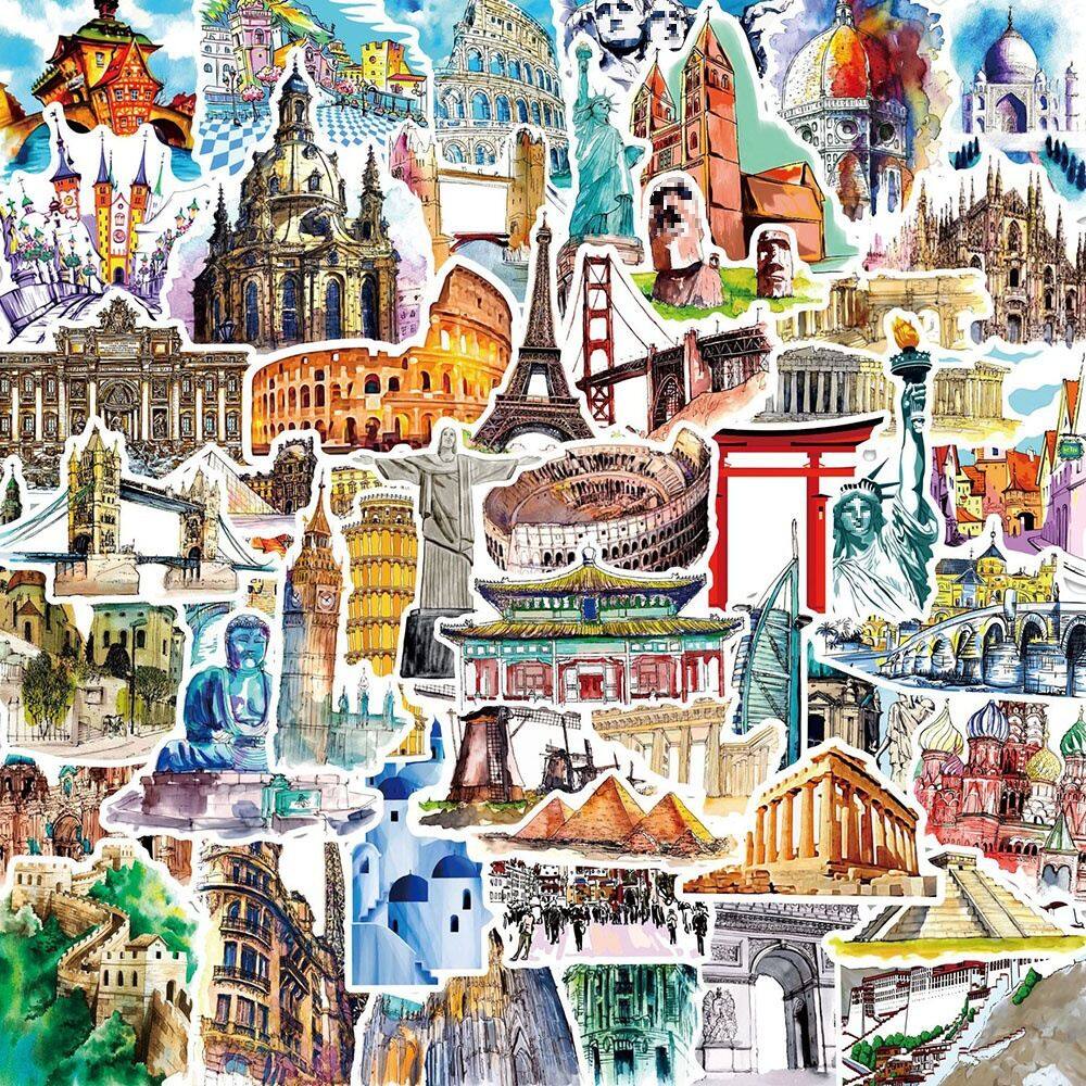 Adesivos 50 unidades/lote: atrações do mundo, pontos turísticos e edifícios