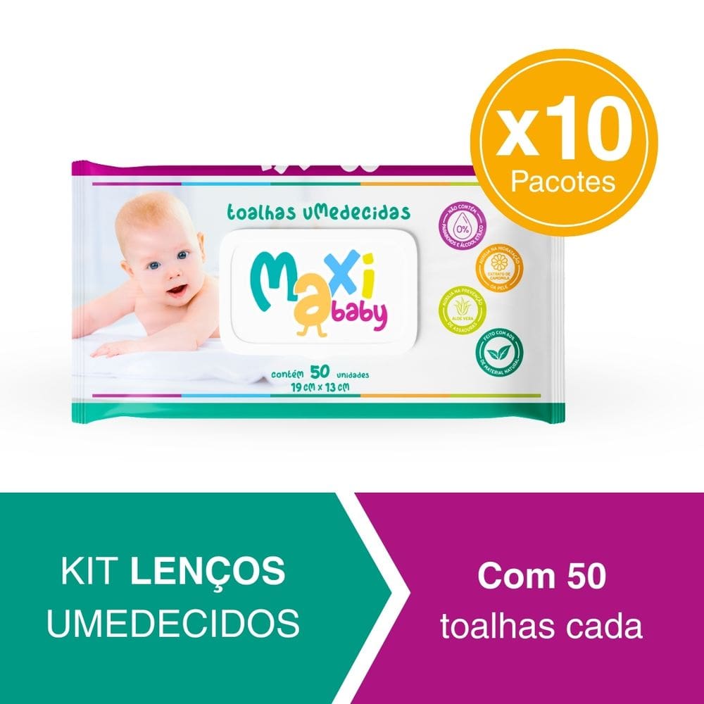 Kit 10 Toalhas Umedecidas Hipoalergênico 50un Cada Maxi Baby