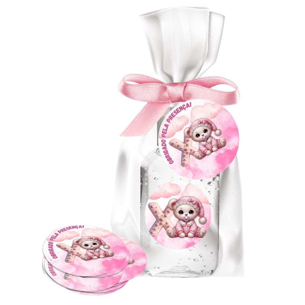 Kit 25 Lembrancinhas Alcool Gel Ursinha Rosa Letra X