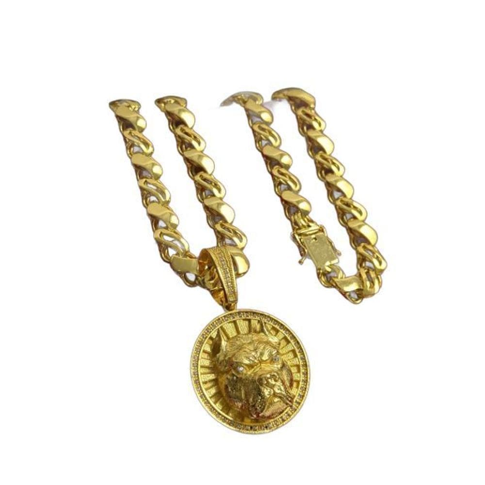 Cordão Friso S Miami 13Mm + Pingente Pitbull Banhado A Ouro