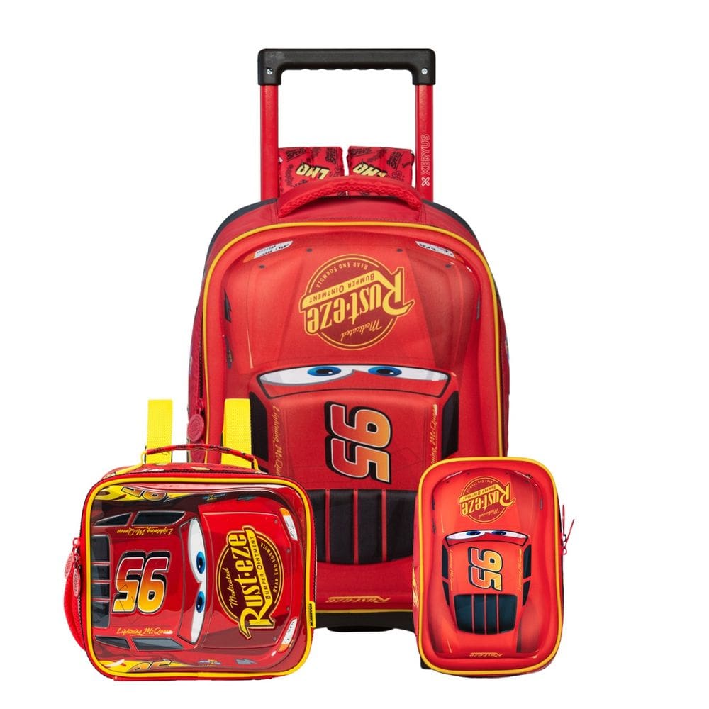 Mochila Rodas McQueen Carros Lancheira Térmica Estojo Box 3D