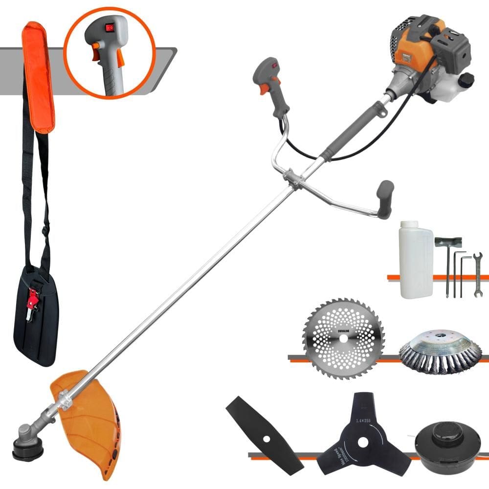 Roçadeira Aparador de Grama À Gasolina RL520P 52cc 2HP Com Carretel e Faca 2 Pontas + Faca 3 Pontas, Faca 40 Dentes de Vídea e Disco Escova de Aço