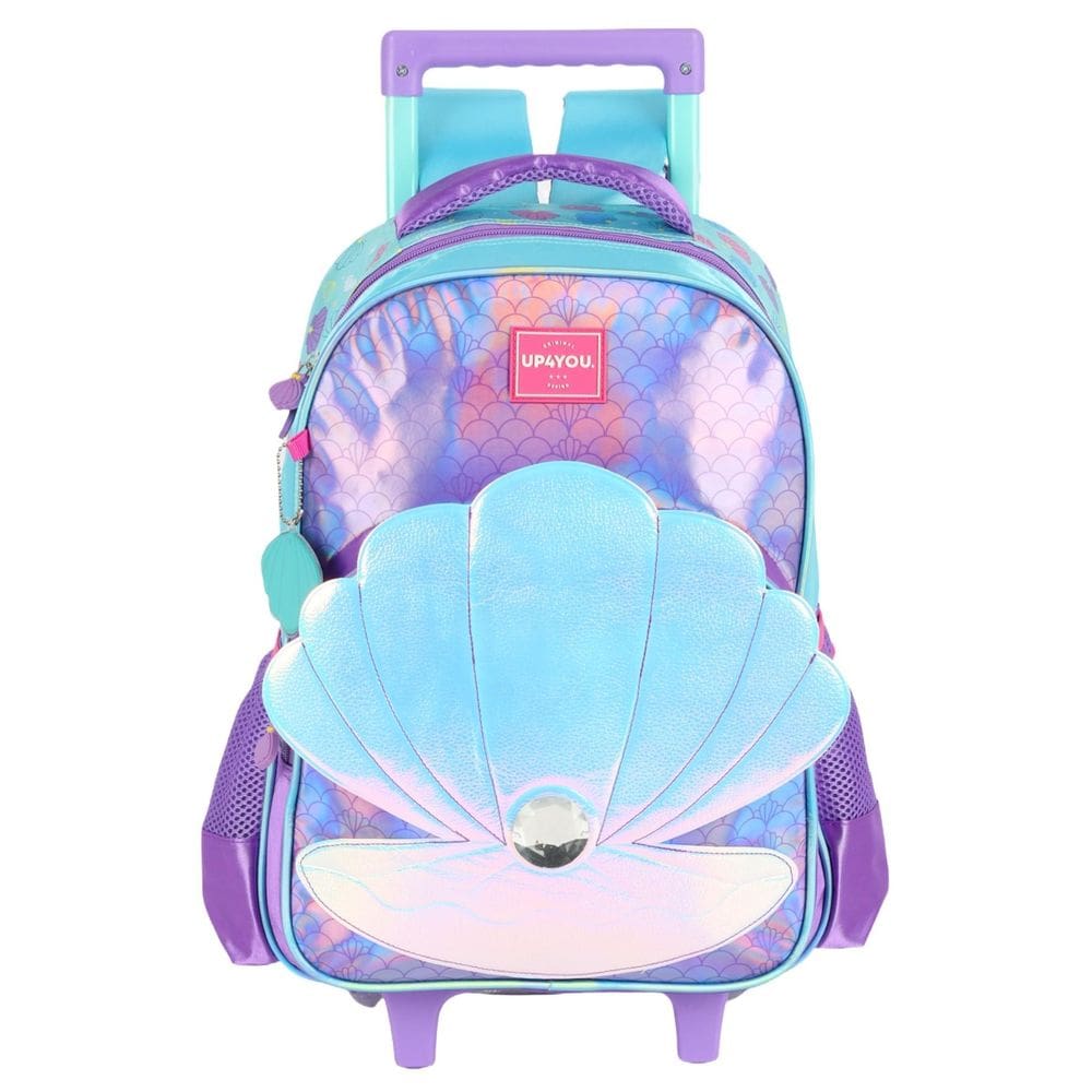 Mochila Escolar Luxo Rodas E Costas Holográfica Lilás Concha