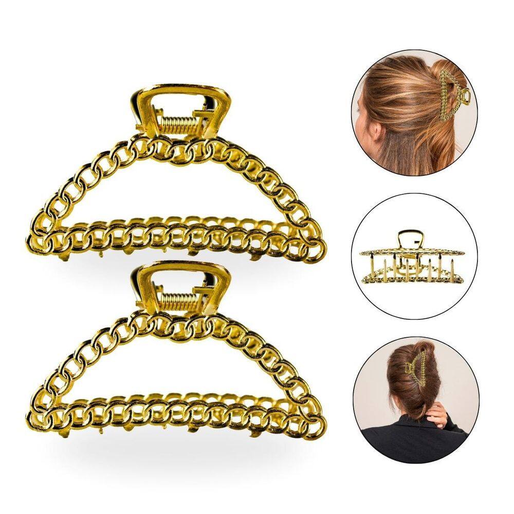 Kit 2 Presilhas De Metal Meia Lua Correntes Dourada Cabelo