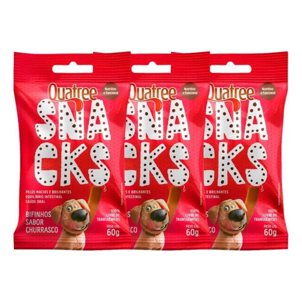 Kit 3Uni Quatree Snacks Bifinhos Cachorro Churrasco 60G