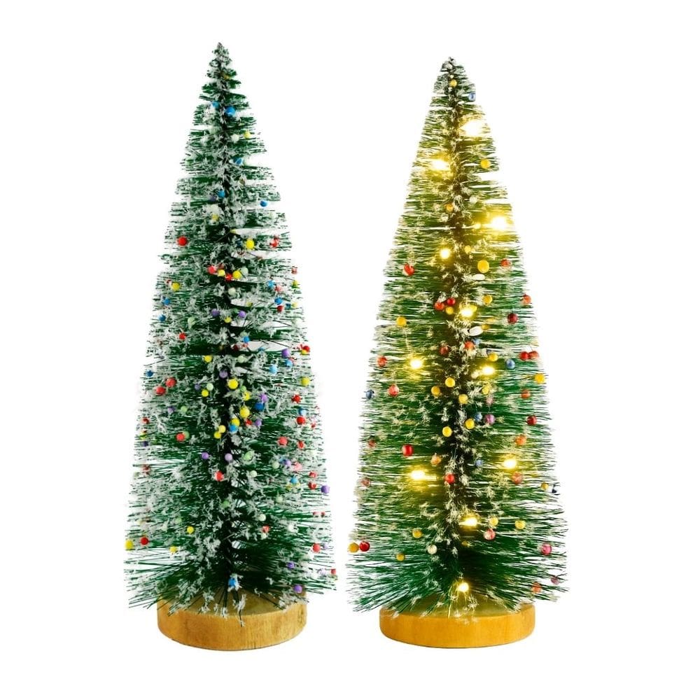 Kit 2 Mini Pinheiro de Mesa Iluminado 25cm Nevado com LED Sequencial e Base de Madeira