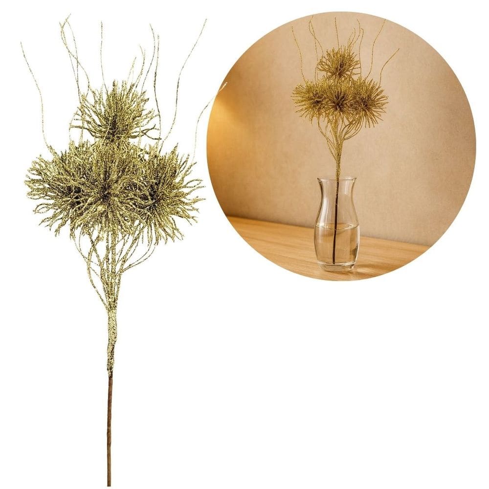 Galho Natalino Haste 4 Buchinhos Glitter Dourado Prime 46cm x 15cm