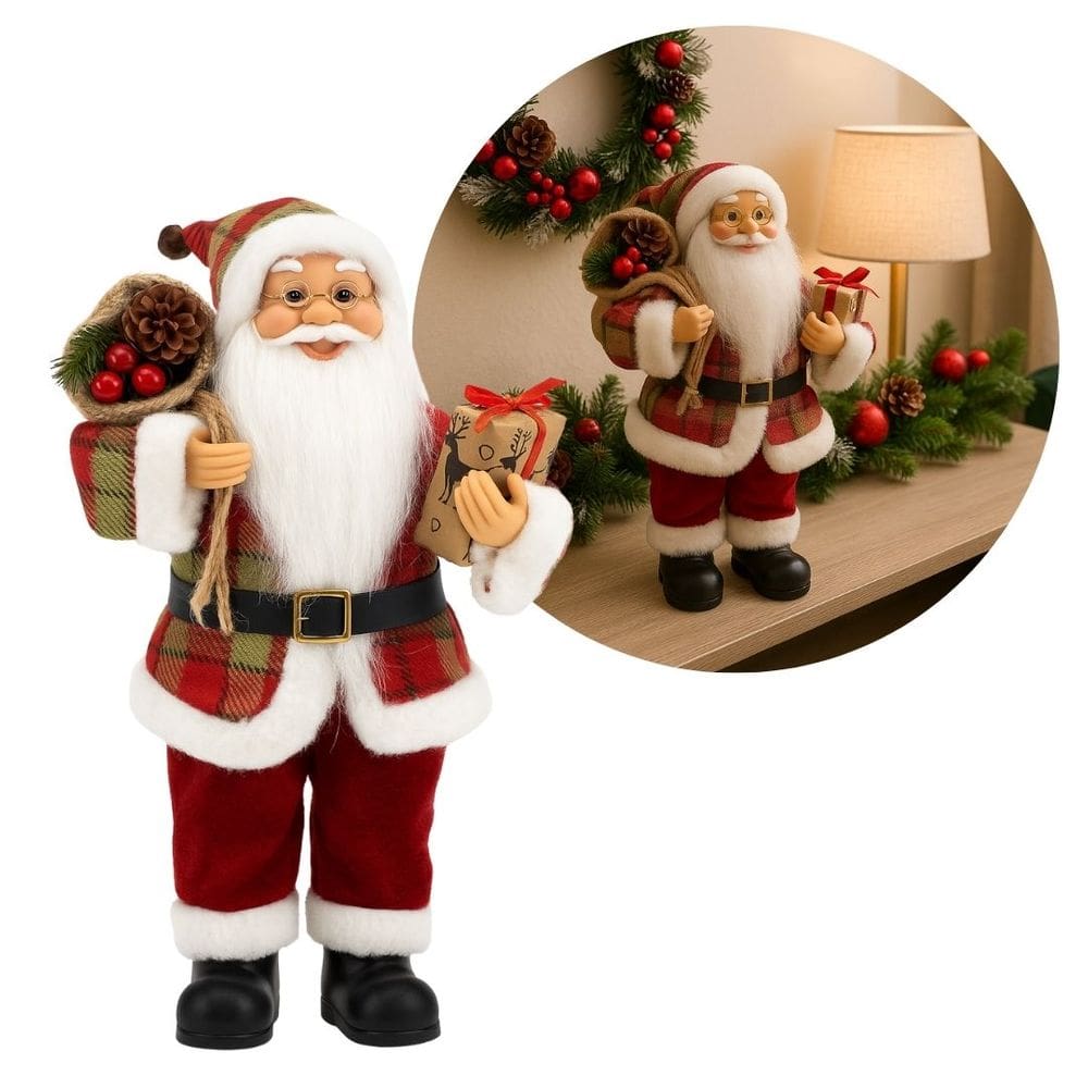 Papai Noel Decorativo Natalino 25cm com Casaco Xadrez Vermelho e Verde e Saco de Presentes Decorado
