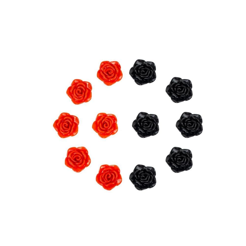 Kit C/12 Miçangas Em Resina Flor Rosa Vermelha E Negra 2 Cm